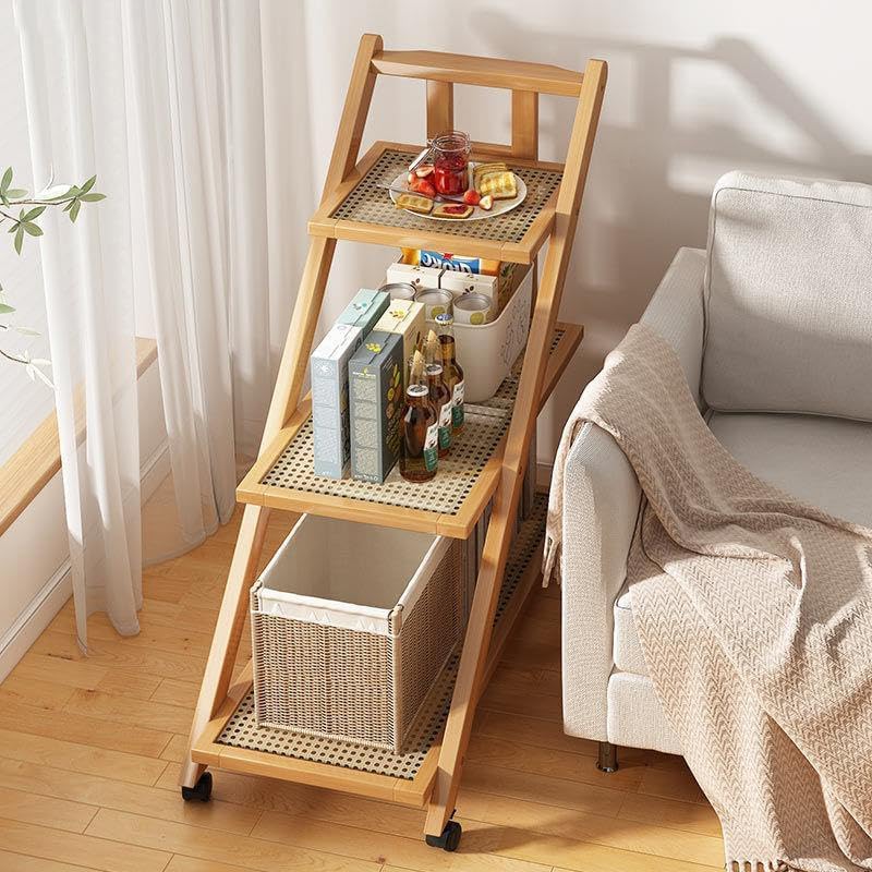 LINGWEI Bamboo Kitchen Trolley Foldable Serving Cart - Versatile Utility Cart with Storage Rack, Tea Bar Cart for Home, Restaurant, and Hospitality, Rolling Cart for Tea Service (3-Floor) - Image 2