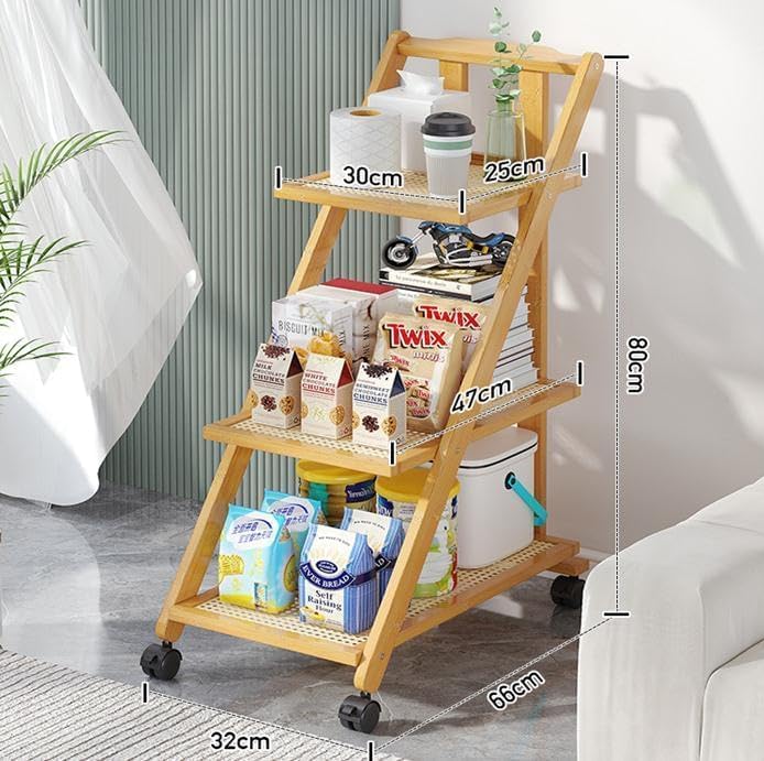 LINGWEI Bamboo Kitchen Trolley Foldable Serving Cart - Versatile Utility Cart with Storage Rack, Tea Bar Cart for Home, Restaurant, and Hospitality, Rolling Cart for Tea Service (3-Floor) - Image 3