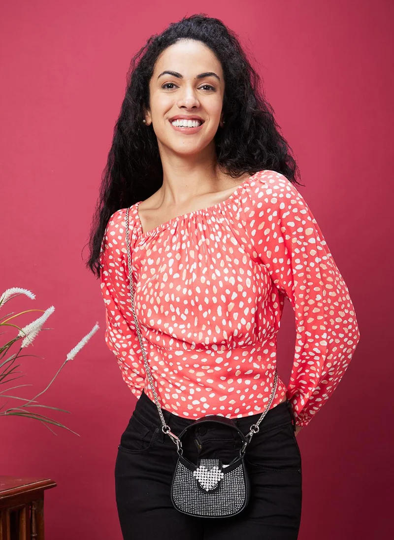 جلو باص بلوزة نسائية برقبة مربعة وأكمام منتفخة بطبعة تجريدية برتقالية