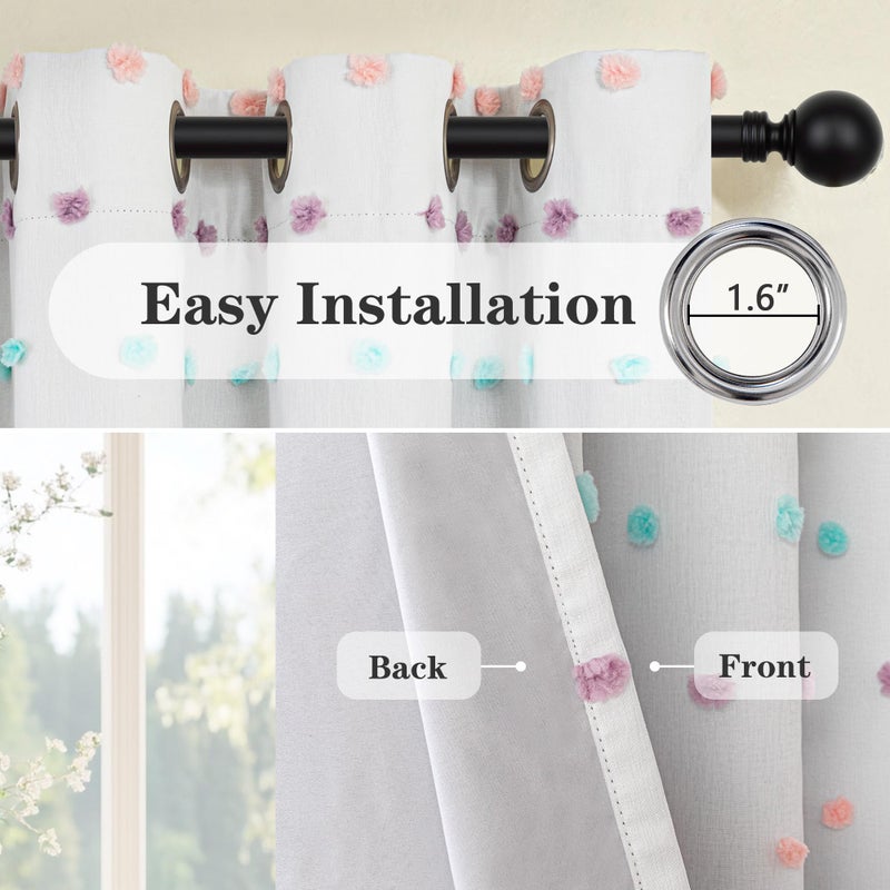 MEETSKY Kids Blackout Curtains for Girls Bedroom 63 Inches Nursery Curtains with Rainbow Pom Pom Sheer Room Darkening Window Drapes for Living Room Grommet Set of 2, 52" W x 63" L - Image 4