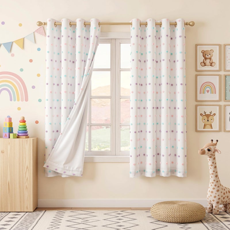 MEETSKY Kids Blackout Curtains for Girls Bedroom 63 Inches Nursery Curtains with Rainbow Pom Pom Sheer Room Darkening Window Drapes for Living Room Grommet Set of 2, 52" W x 63" L - Image 1
