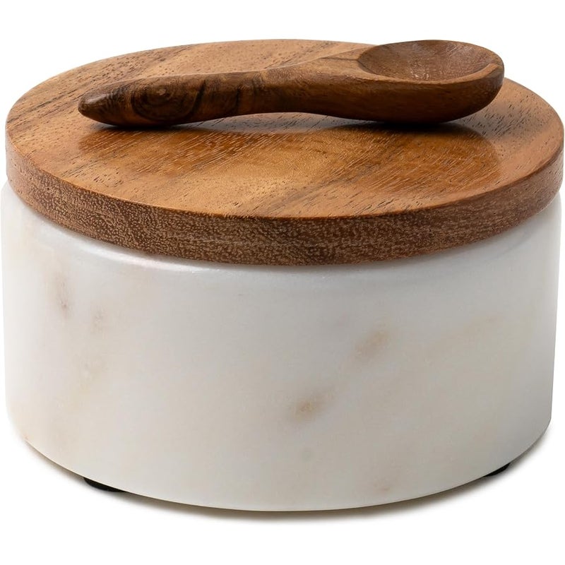 Cork & Mill White Marble Salt Cellar With Acacia Wood Lid And Spoon - Elegant Modern Container For Countertop Handcrafted Box Keeps Dry Wide 4” Pig Non-Skid Feet - Image 1