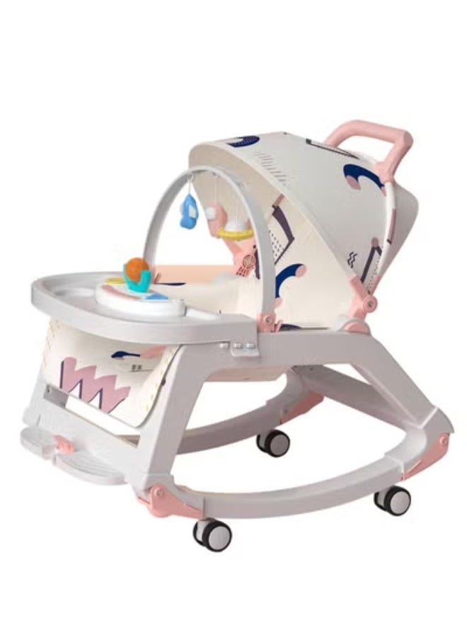 رونق كرسي هزاز للاطفال 4-1، كرسي هزاز محمول بعجلات وصينية للوجبات الخفيفة ومظلة للاستخدام الخارجي, كرسي هزاز, كرسي اطفال, مستلزمات اطفال, كرسي طعام - Image 1