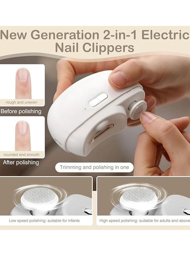 BOUND MOAT - Electric Nail Clipper with Light 2-in-1 Electric Polishing Automatic Nail Clippers Fingernail Cutter and File 2 in 1 Design USB Rechargeable Safety Fingernail Trimmer for Baby, Kids, Seniors and Adult (White Color) - Image 1