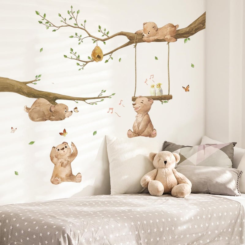 Runtoo Bear Wall Stickers Woodland Animal Tree Branch Wall Decals for Kids Bedroom Baby Nursery Home Decor - Image 1