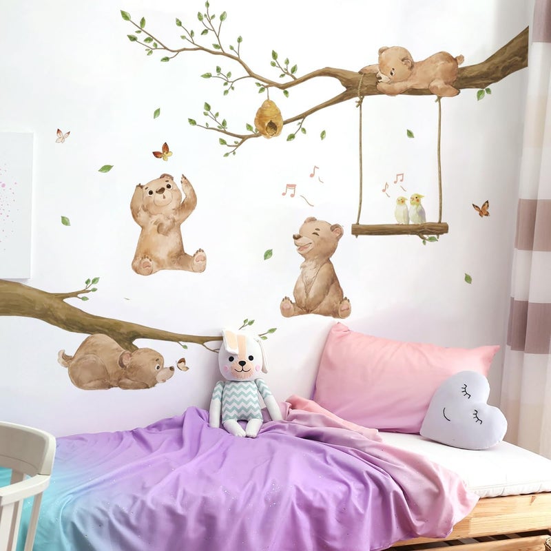 Runtoo Bear Wall Stickers Woodland Animal Tree Branch Wall Decals for Kids Bedroom Baby Nursery Home Decor - Image 3