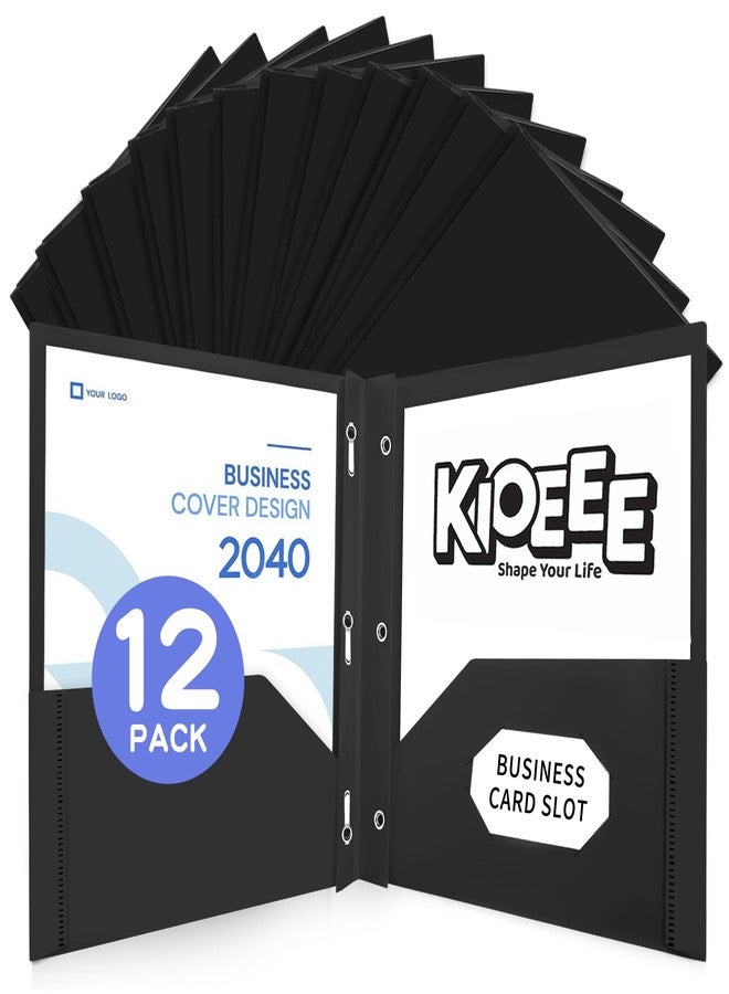 Kioeee Plastic Folders with Pockets and Prongs (Black,12 Pack),Fit Letter Size Paper,Business Card Slot,2-Pocket Folder for School Office or Home,Durable Acid-Free Poly,Back to School Supplies Bulk - Image 1