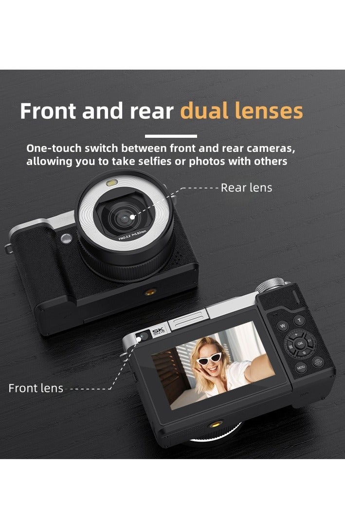 Daxiongmao Digital camera, 5K vlogging camera, dual front and rear cameras, kids camera, 80-megapixel point-and-shoot digital camera with 64GB TF card, 18x zoom, WiFi, dual cameras, and a 180-degree flip screen, making it ideal for vlogging. - Image 4