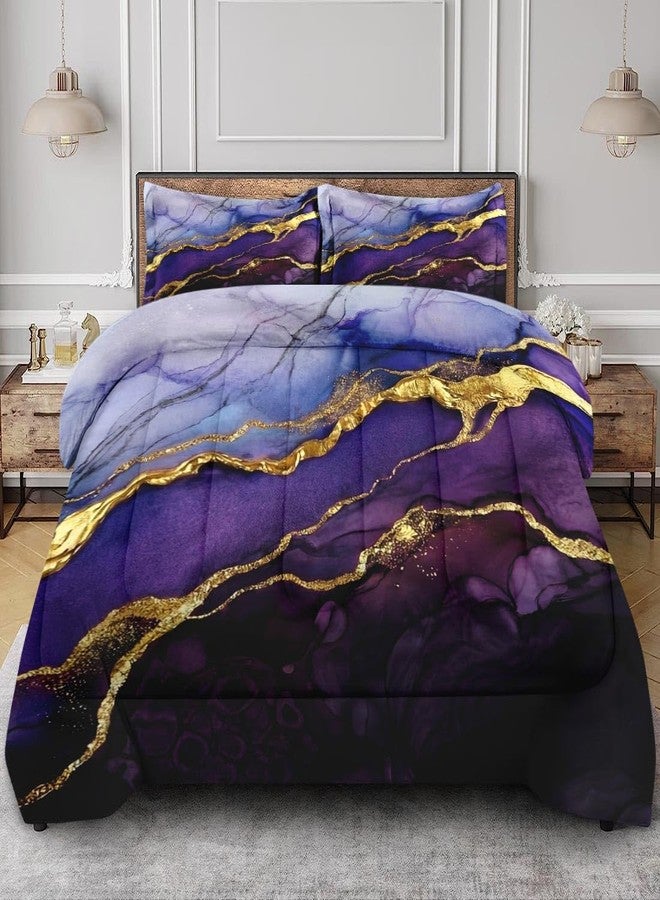 Nesphy Blue Purple Marble Comforter Set for Kids Toddlers Teens Adults Queen, Golden Stone Gold Bedding Sets Water Washed Microfiber Bedding with 1 Comforter 2 Pillowcase All Season - Image 1