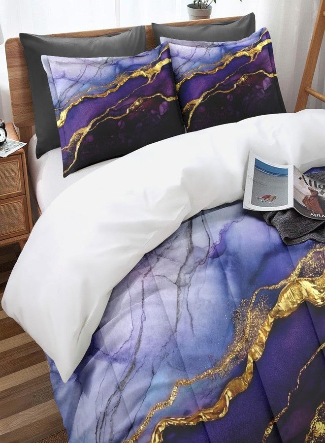 Nesphy Blue Purple Marble Comforter Set for Kids Toddlers Teens Adults Queen, Golden Stone Gold Bedding Sets Water Washed Microfiber Bedding with 1 Comforter 2 Pillowcase All Season - Image 2