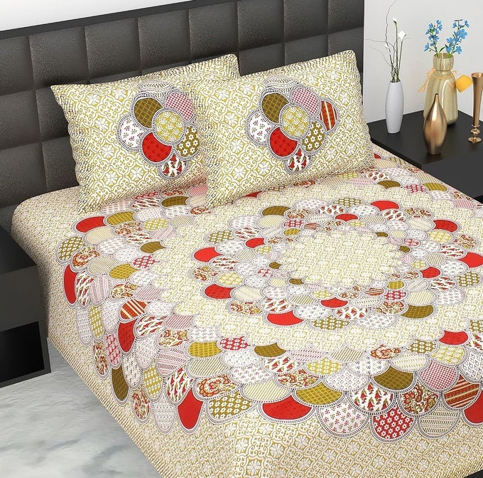 EWISH BOX FLORAL PATTERN BEDSHEET SET WITH 2 PILLOW COVERS DOUBLE SIZE GOLD AND RED CIRCULAR DESIGN COTTON