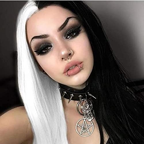 Kaneles Half Black Half White Wigs Long Straight Synthetic Wig for Women Heat Resistant Daily Cosplay Makeup Replacement Hair 24 inch