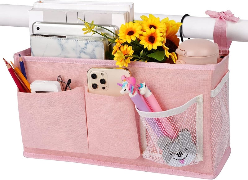 Loghot Bedside Caddy/Bedside Storage Bag Hanging Organizer for Bunk and Hospital Beds,Dorm Rooms Bed Rails,Can be Placed Glasses,Books,Mobile Phones,Keys (New Pink-1) - Image 1