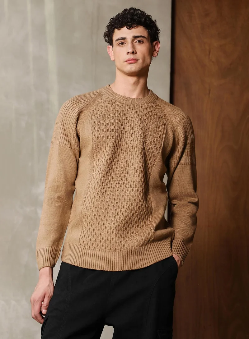 Campus Sutra Men's Camel Beige Mesh-Jacquard Knit Pullover Sweater | Round Neck , Ribbed Cuff Sleeves , Pull On Closure , Ribbed-Straight Hem | Solid Jacquard For Casual & Daily Wear