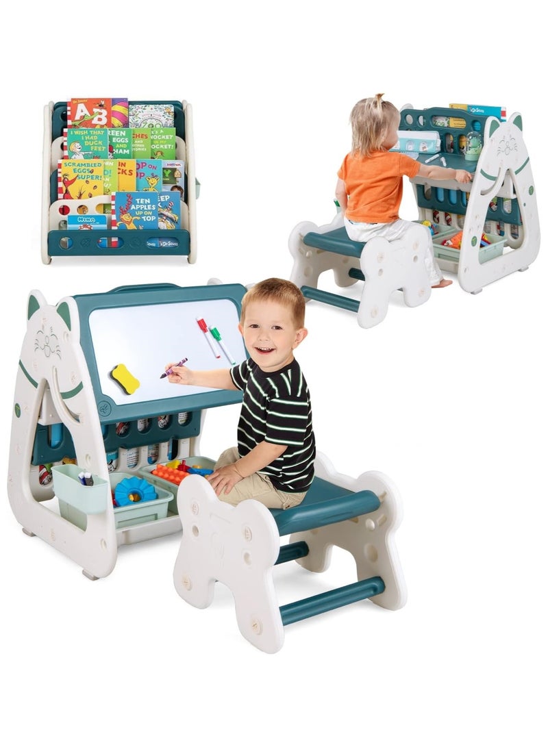 XICEN Kids Table and Chair Set, 3 in 1 Convertible Art Easel & Bookshelf, Magnetic Painting Board, with 2 Storage Baskets, Pen Container, Adjustable Height Desk for Children Reading Drawing Doing Homework - Image 1