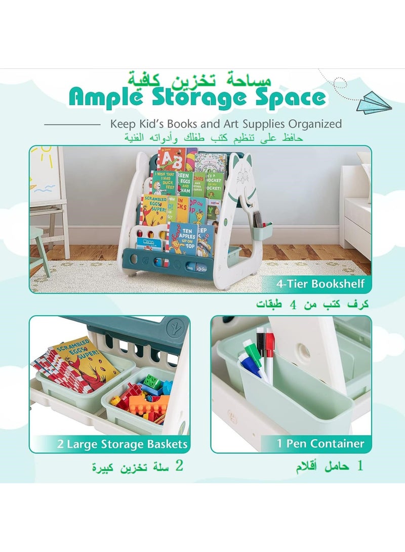 XICEN Kids Table and Chair Set, 3 in 1 Convertible Art Easel & Bookshelf, Magnetic Painting Board, with 2 Storage Baskets, Pen Container, Adjustable Height Desk for Children Reading Drawing Doing Homework - Image 4