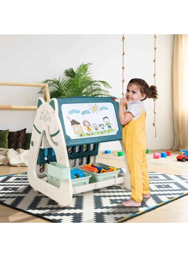 XICEN Kids Table and Chair Set, 3 in 1 Convertible Art Easel & Bookshelf, Magnetic Painting Board, with 2 Storage Baskets, Pen Container, Adjustable Height Desk for Children Reading Drawing Doing Homework - Image 3