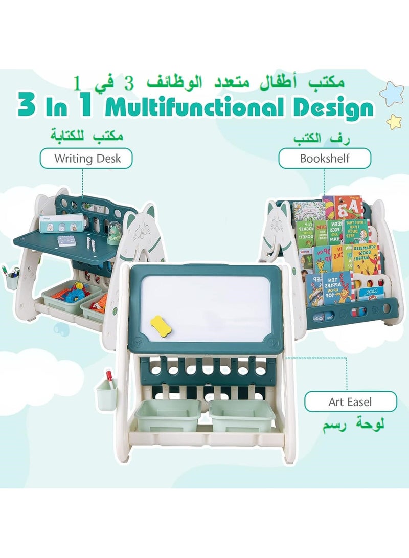 XICEN Kids Table and Chair Set, 3 in 1 Convertible Art Easel & Bookshelf, Magnetic Painting Board, with 2 Storage Baskets, Pen Container, Adjustable Height Desk for Children Reading Drawing Doing Homework - Image 2