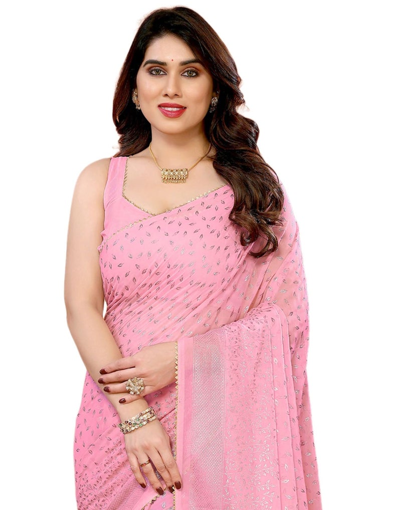 SIRIL Women's Georgette Foil Printed Saree with Unstitched Blouse Piece (4258S693_Pink) - Image 1