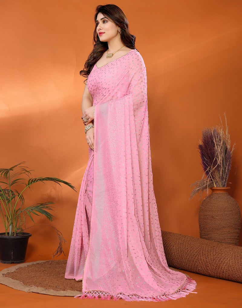 SIRIL Women's Georgette Foil Printed Saree with Unstitched Blouse Piece (4258S693_Pink) - Image 2