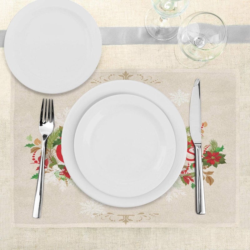 Ambesonne مجموعة مفارش طاولة عيد الميلاد من أمبزون - 4 قطع - تمنيات عيد ميلاد سعيد - فروع شجرة التنوب - زهور بونسيتيا - طيور وغزلان - مفارش قماش قابلة للغسل للطاولة بحجم قياسي - أخضر وأحمر - Image 3