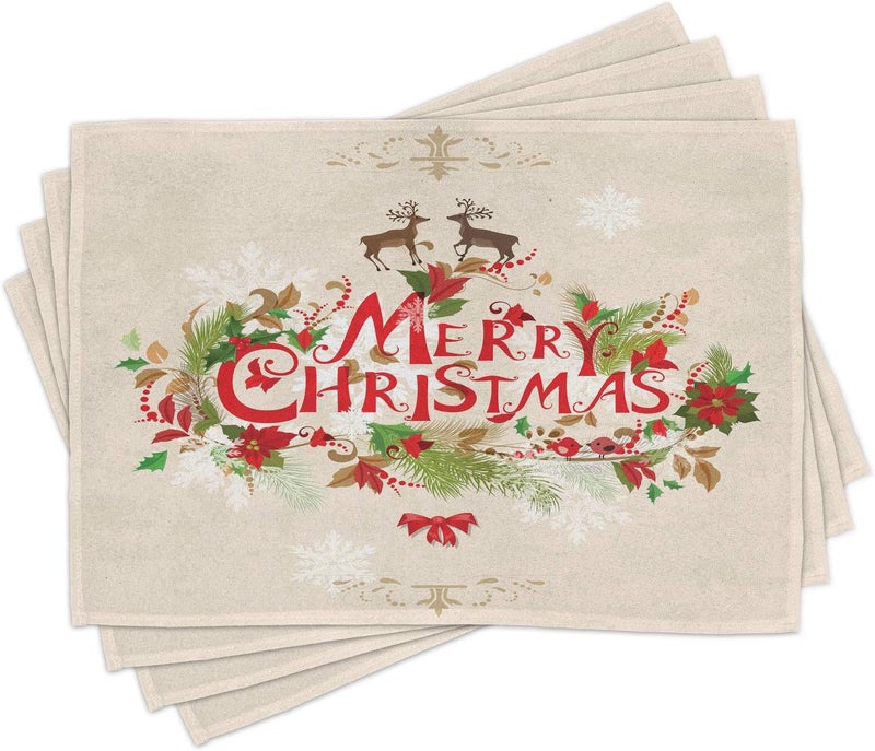 Ambesonne مجموعة مفارش طاولة عيد الميلاد من أمبزون - 4 قطع - تمنيات عيد ميلاد سعيد - فروع شجرة التنوب - زهور بونسيتيا - طيور وغزلان - مفارش قماش قابلة للغسل للطاولة بحجم قياسي - أخضر وأحمر - Image 1