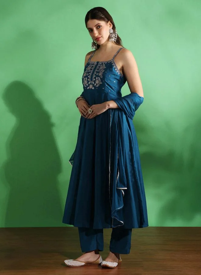 globus Sequin Yoke Square Neck Anarkali Kurta, Pants and Dupatta Set