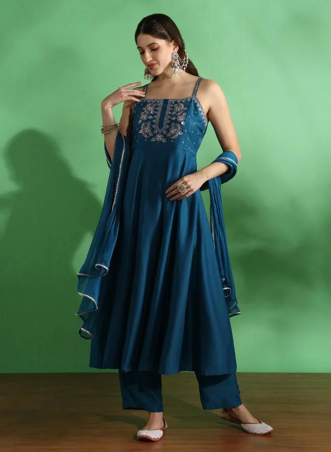 globus Sequin Yoke Square Neck Anarkali Kurta, Pants and Dupatta Set