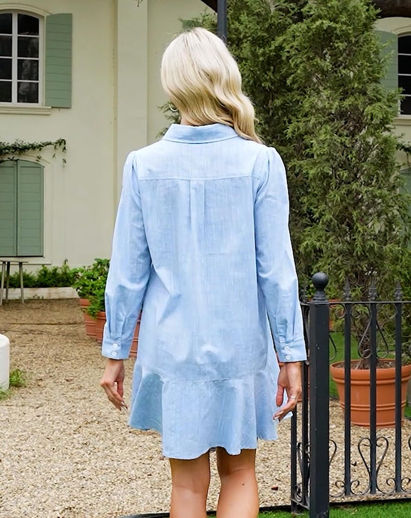LifeShe Women's Tunic Mini Shirt Dress Cotton Long Sleeve Ruffle Hem Dress Button Up Shift Chambray Dresses - Image 2