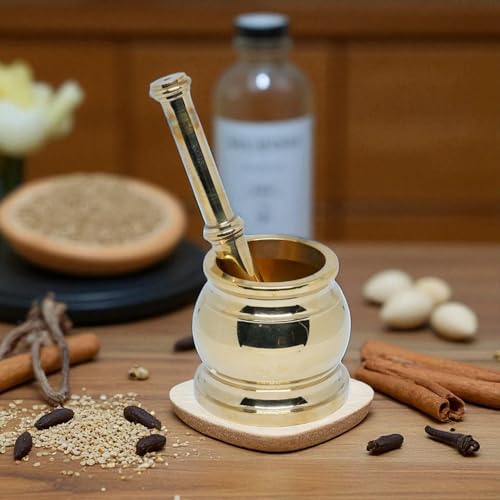 Whizzo Antique Brass Mortar and Pestle 3.75 inches x 3.95 inches x 2.75 inches Okhli Khalbatta Set Brass Herb Grinder for Crushing Pills Herbs Vegetables and Dry Fruits (Size5) - Image 2