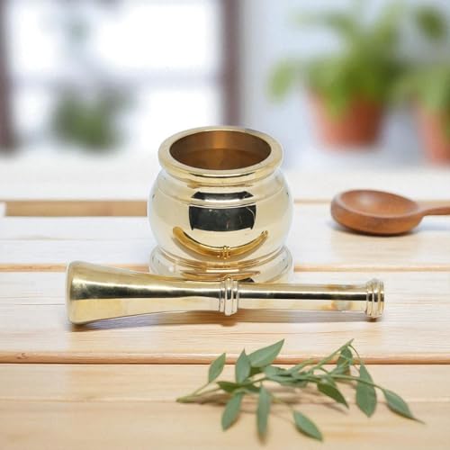 Whizzo Antique Brass Mortar and Pestle 3.75 inches x 3.95 inches x 2.75 inches Okhli Khalbatta Set Brass Herb Grinder for Crushing Pills Herbs Vegetables and Dry Fruits (Size5) - Image 4