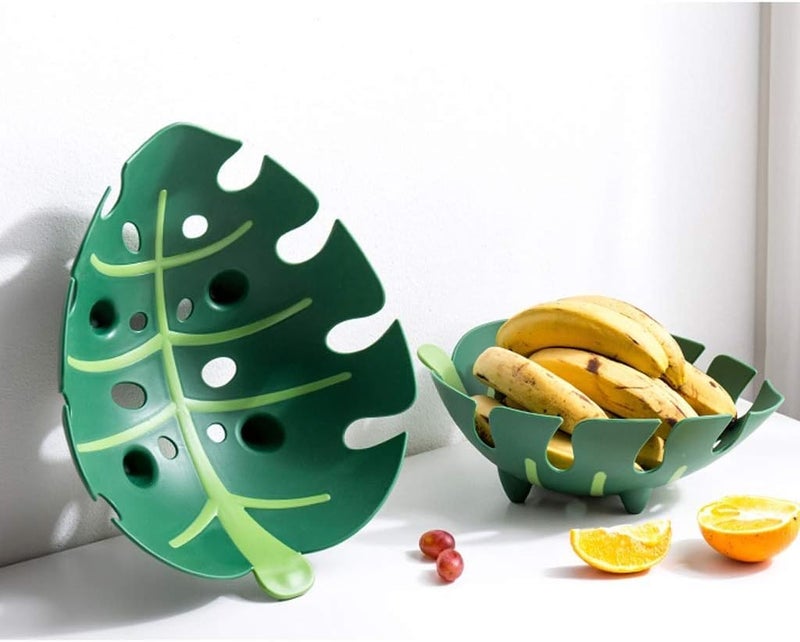 PRETOX Green Plastic Leaf Shape Wash Store Fruit Basket Decorative Fruit Vegetable Basket and Strainer for Home Kitchen Dining Table 1 PCS - Image 1