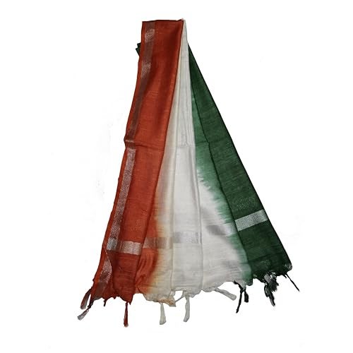 SheenKraft Women's Bhagalpuri Linen Cotton Blend Handloom Dupatta (Stole) with Silver Zari Border_Free Size_Multiple Color Variation 11489-11501 (Tricolor Flag) - Image 1