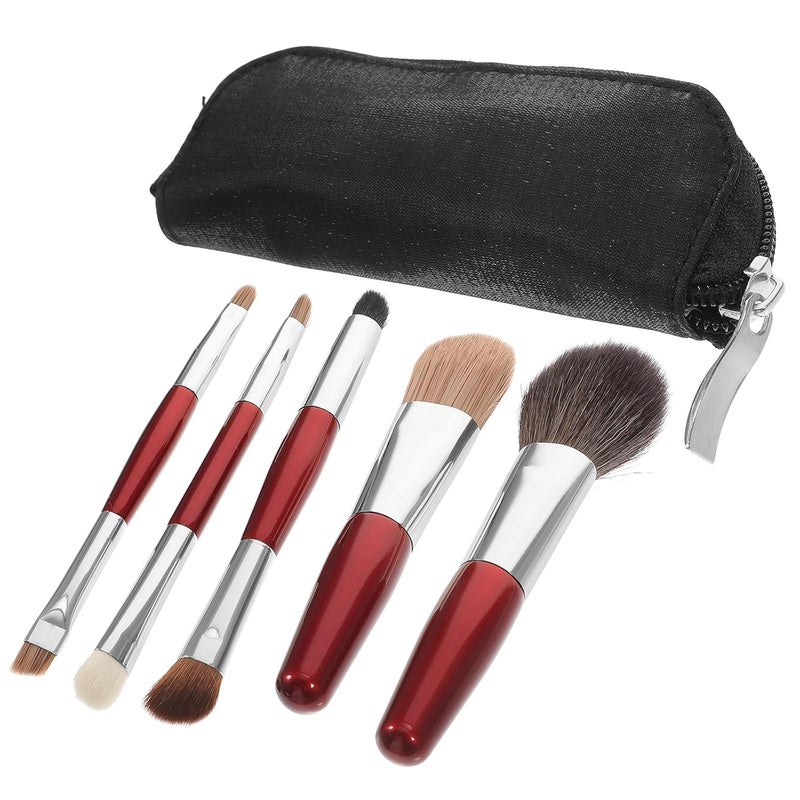Mini Makeup Brush Set 5pcs Dual-ended Wool Cosmetics Brushes with Travel Pouch for Women Portable Contouring Blush Nose Shadow Application - Image 1