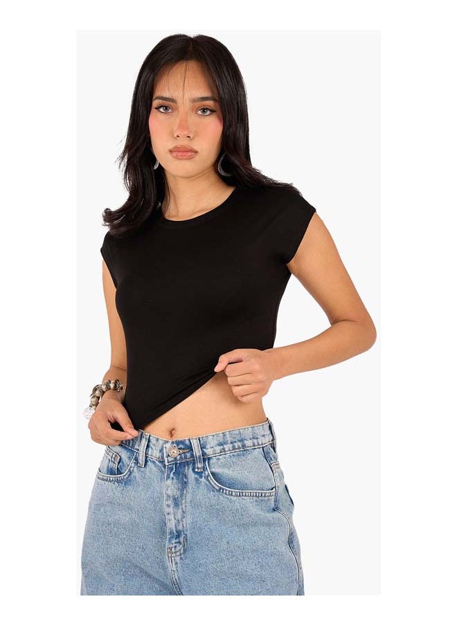 Clue Cropped Crew Neck Viscose Top  - Image 1