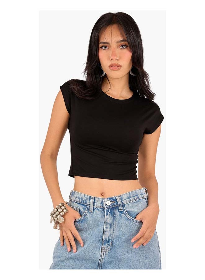 Clue Cropped Crew Neck Viscose Top  - Image 2