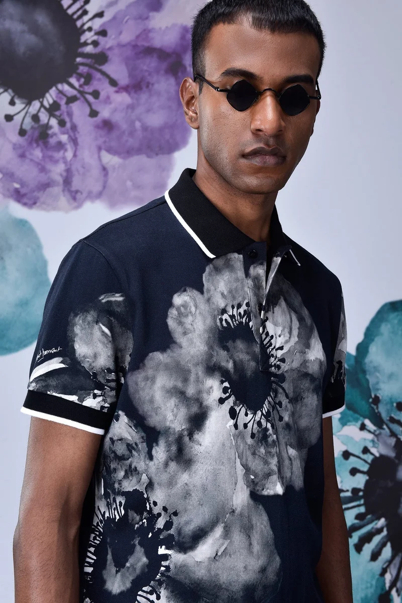 Genes Lecoanet Hemant Black-Grey Cotton PiquÃ© Polo with Abstract Floral Print