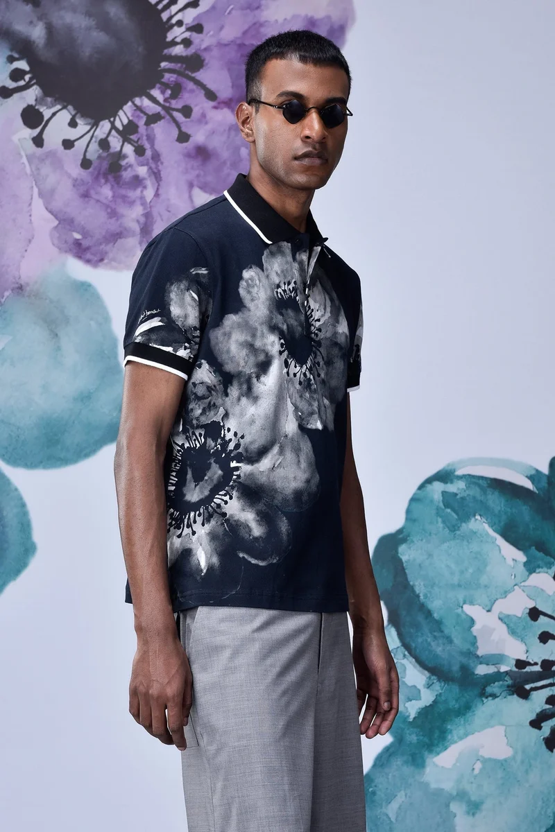 Genes Lecoanet Hemant Black-Grey Cotton PiquÃ© Polo with Abstract Floral Print
