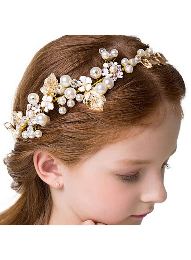 Campsis Princess Flower Girl Headpiece Gold Pearl Crystal Headband Rhinestone Leaves Handmade Bridal Hair Accessories Bride Wedding Prom Communion Photography For Gilrs And Women - Image 1