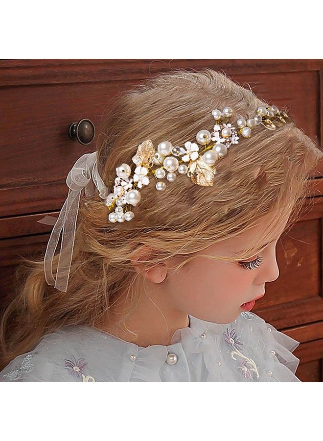 Campsis Princess Flower Girl Headpiece Gold Pearl Crystal Headband Rhinestone Leaves Handmade Bridal Hair Accessories Bride Wedding Prom Communion Photography For Gilrs And Women - Image 3