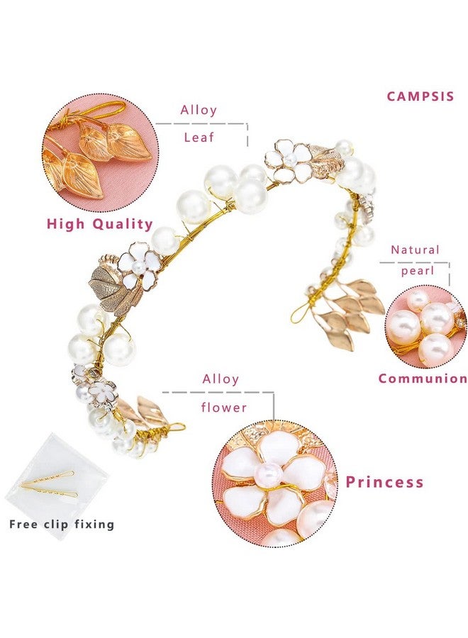 Campsis Princess Flower Girl Headpiece Gold Pearl Crystal Headband Rhinestone Leaves Handmade Bridal Hair Accessories Bride Wedding Prom Communion Photography For Gilrs And Women - Image 4