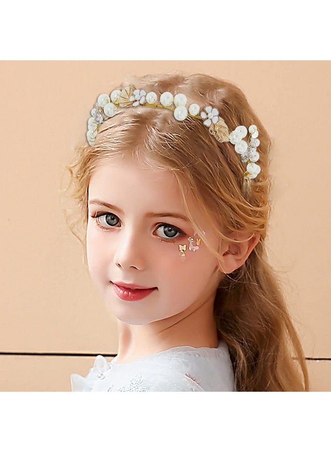 Campsis Princess Flower Girl Headpiece Gold Pearl Crystal Headband Rhinestone Leaves Handmade Bridal Hair Accessories Bride Wedding Prom Communion Photography For Gilrs And Women - Image 2