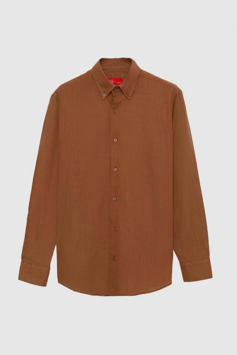 D'S DAMAT Comfort Brown Button-down Collar Relaxed Cut Linen Look 100% Cotton Shirt 2HC02ORT64265