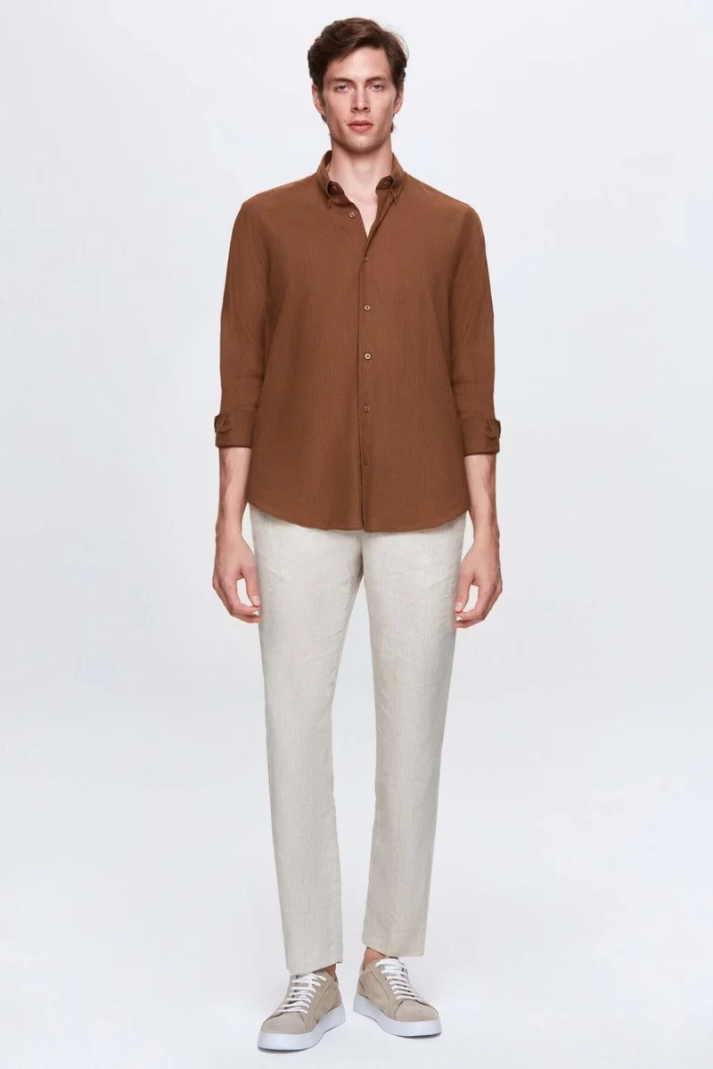 D'S DAMAT Comfort Brown Button-down Collar Relaxed Cut Linen Look 100% Cotton Shirt 2HC02ORT64265