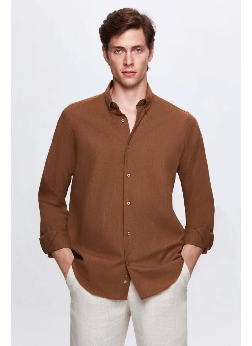D'S DAMAT Comfort Brown Button-down Collar Relaxed Cut Linen Look 100% Cotton Shirt 2HC02ORT64265