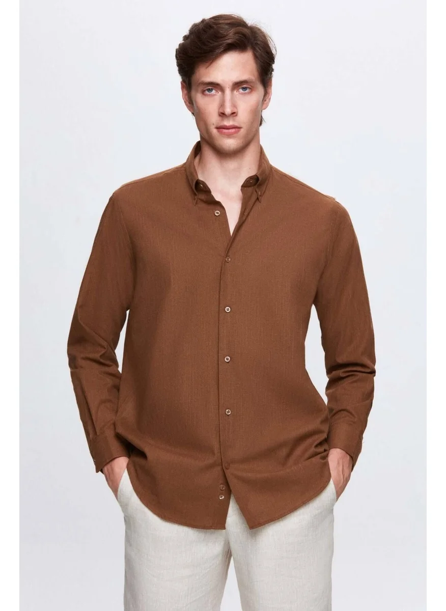 D'S DAMAT Comfort Brown Button-down Collar Relaxed Cut Linen Look 100% Cotton Shirt 2HC02ORT64265
