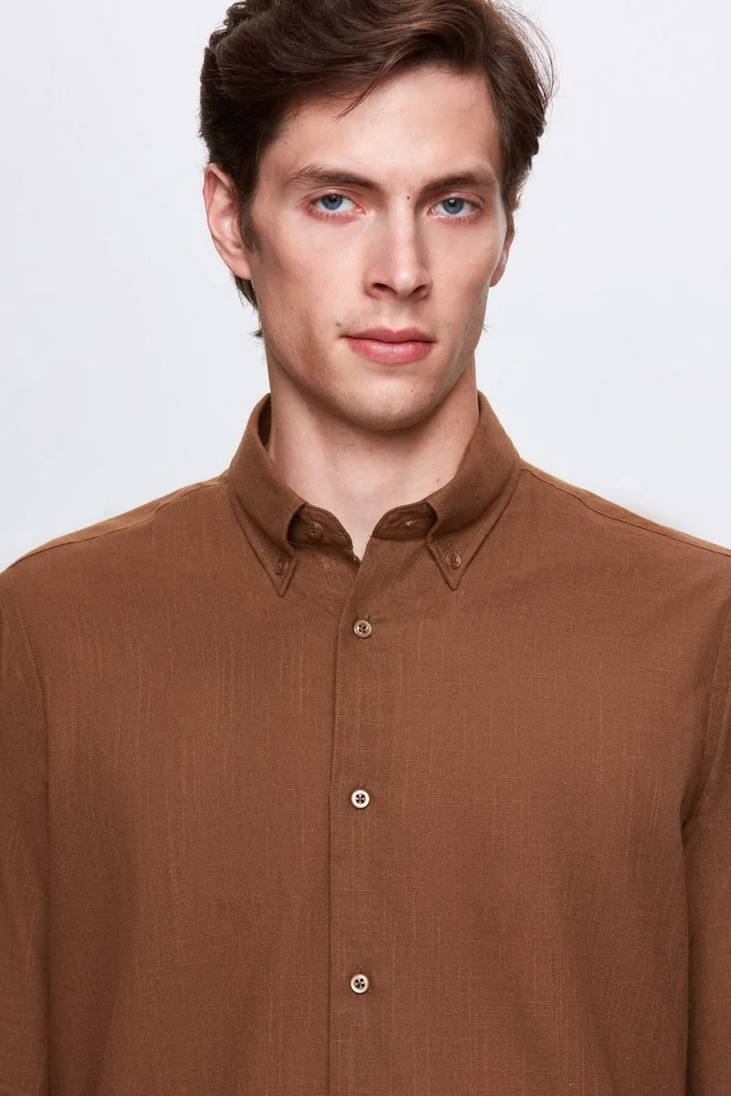 D'S DAMAT Comfort Brown Button-down Collar Relaxed Cut Linen Look 100% Cotton Shirt 2HC02ORT64265
