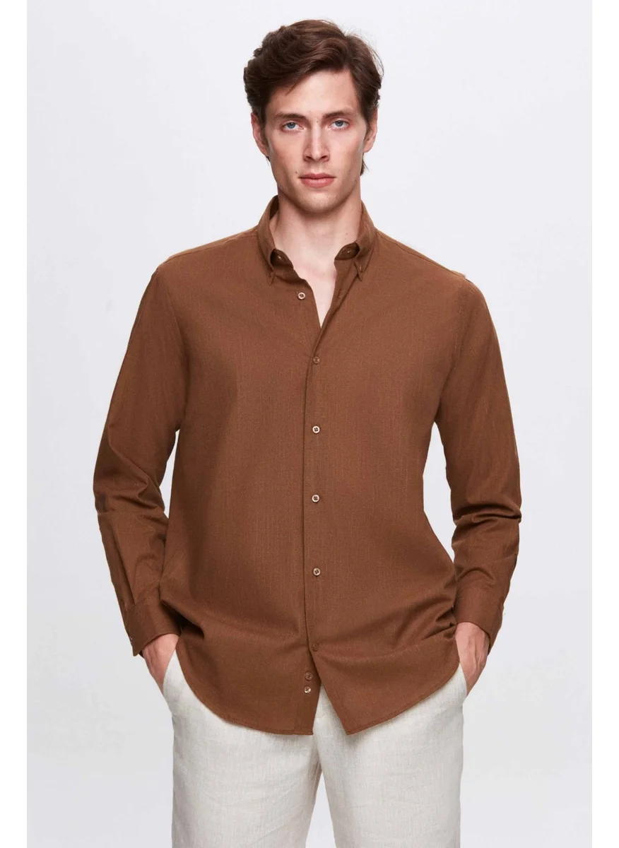 D'S DAMAT Comfort Brown Button-down Collar Relaxed Cut Linen Look 100% Cotton Shirt 2HC02ORT64265