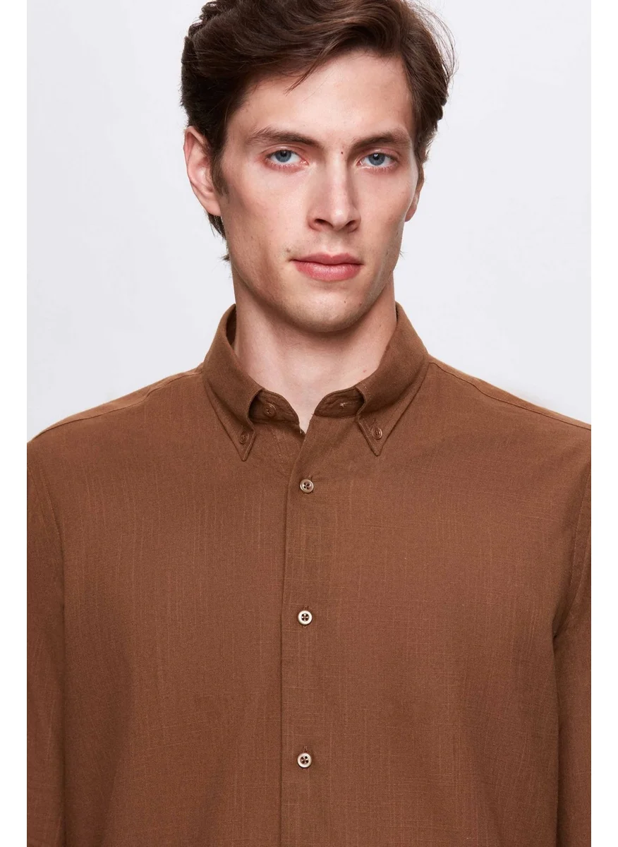 D'S DAMAT Comfort Brown Button-down Collar Relaxed Cut Linen Look 100% Cotton Shirt 2HC02ORT64265