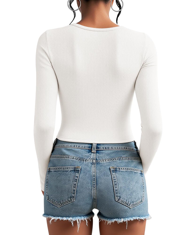 Stelle Crop Top for Women Long Sleeve Henley Shirts Ribbed Knit Button Slim Fitted Tops Casual Basic Blouse Ivory - Image 2